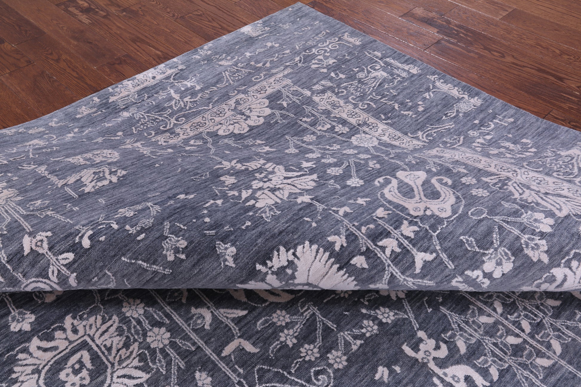 Grey Persian Hand Knotted Wool & Silk Rug - 9' 0" X 12' 0" - Golden Nile