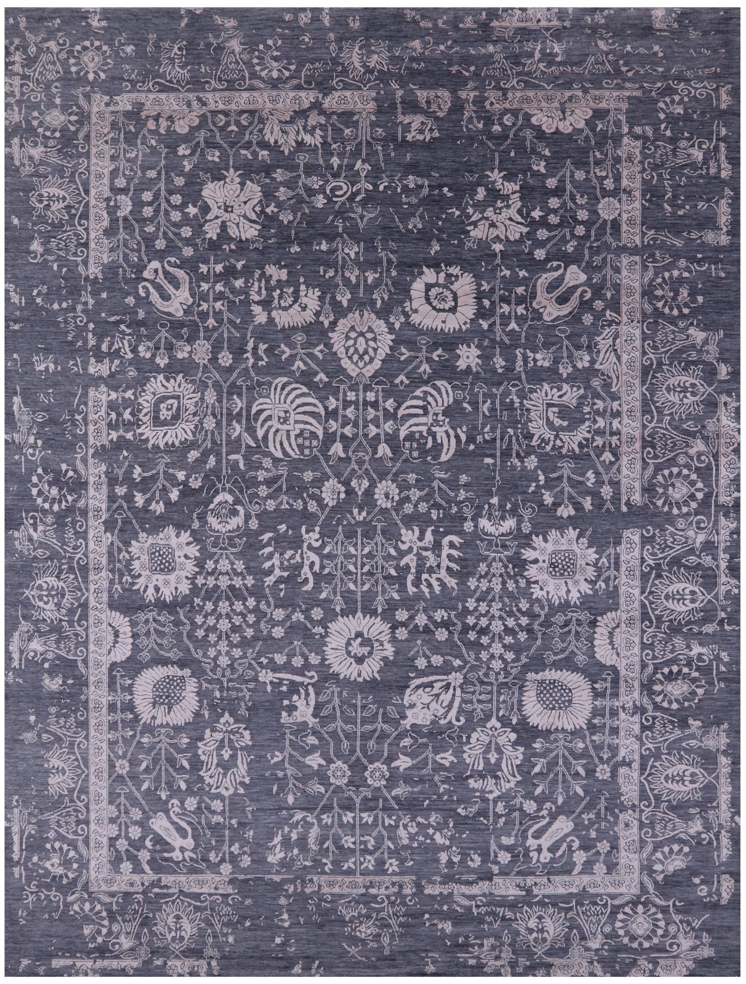 Grey Persian Hand Knotted Wool & Silk Rug - 9' 0" X 12' 0" - Golden Nile