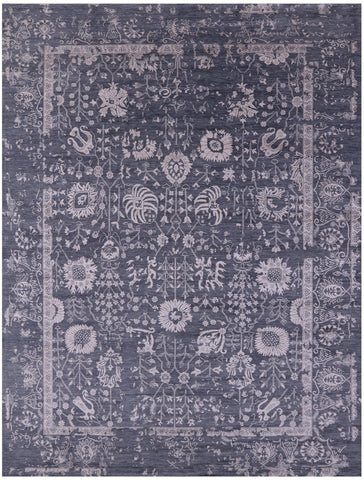 Grey Persian Hand Knotted Wool & Silk Rug - 9' 0