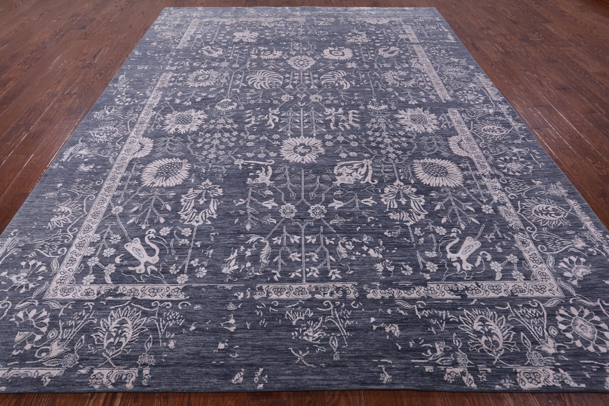 Grey Persian Hand Knotted Wool & Silk Rug - 9' 0" X 12' 0" - Golden Nile