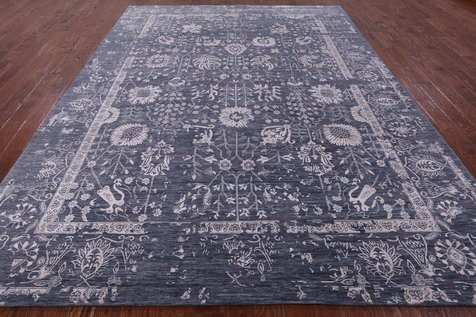 Grey Persian Hand Knotted Wool & Silk Rug - 9' 0" X 12' 0" - Golden Nile