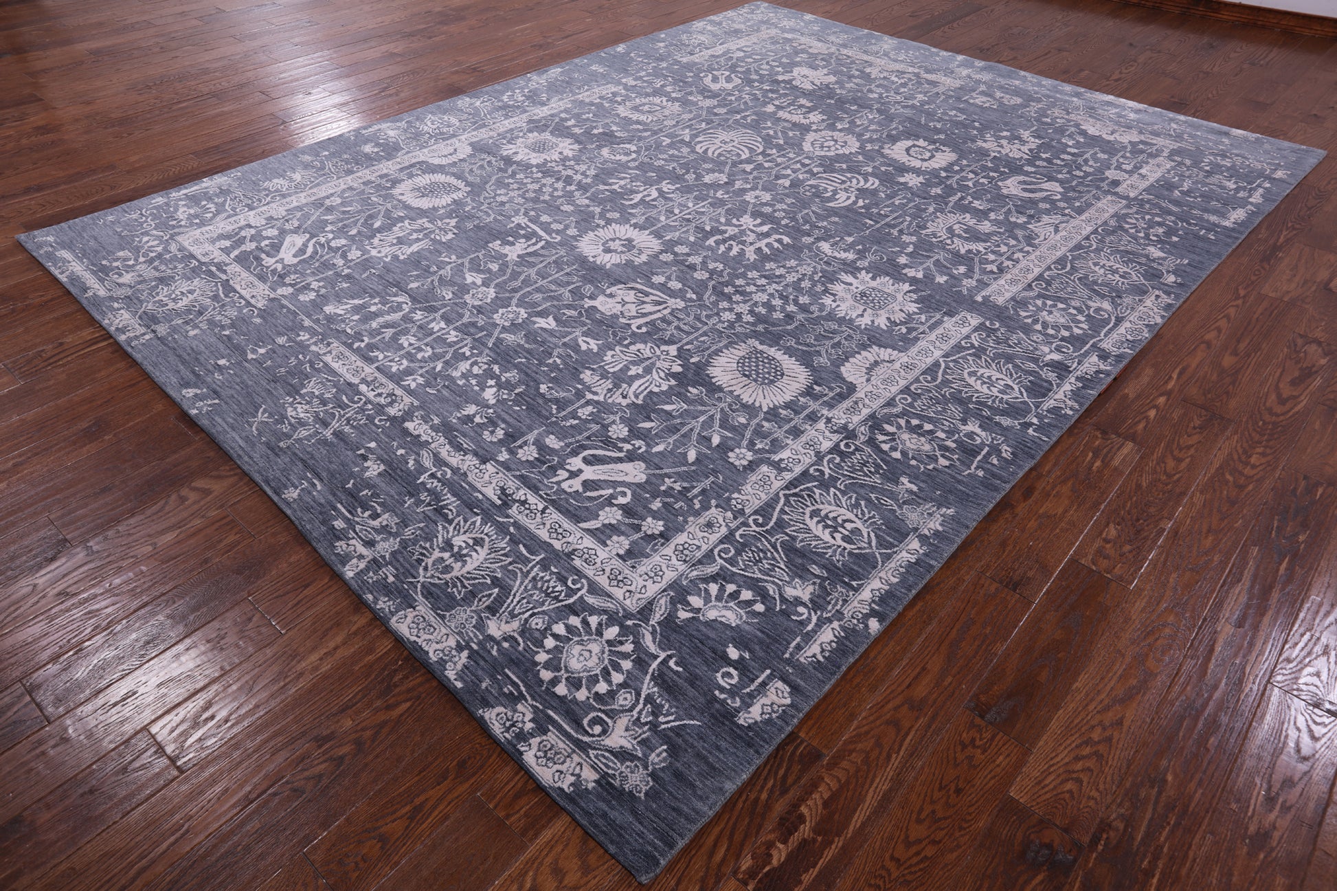 Grey Persian Hand Knotted Wool & Silk Rug - 9' 0" X 12' 0" - Golden Nile