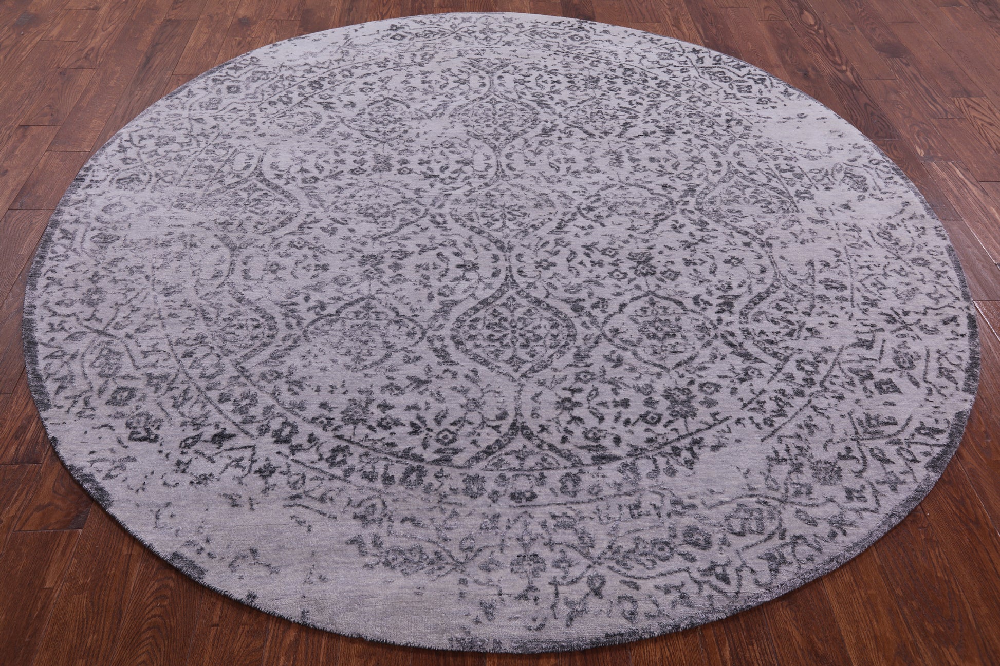 Grey Round Persian Hand Knotted Wool & Silk Rug - 8' 1" X 8' 1" - Golden Nile