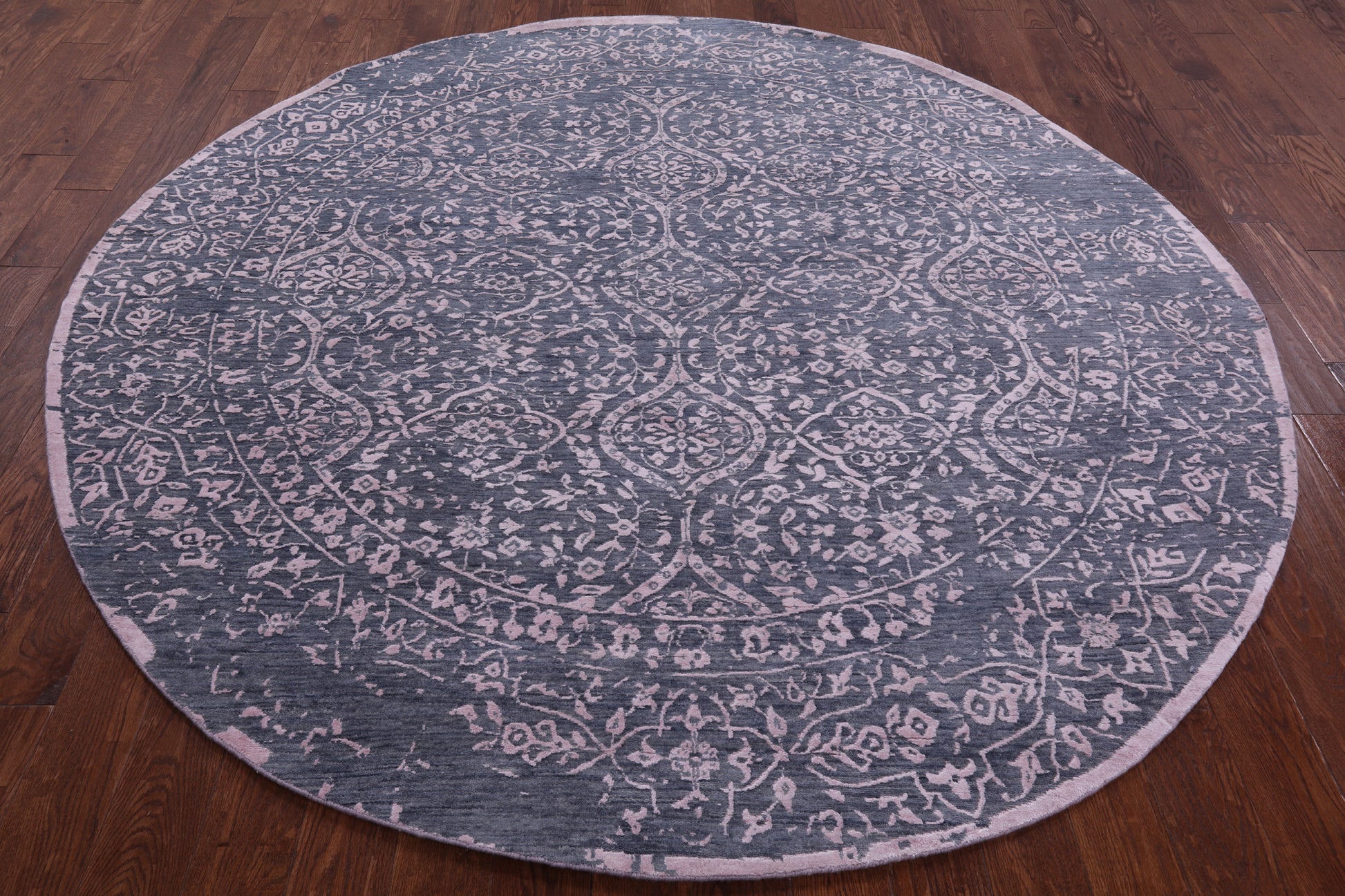 Grey Round Persian Hand Knotted Wool & Silk Rug - 8' 0" X 8' 0" - Golden Nile