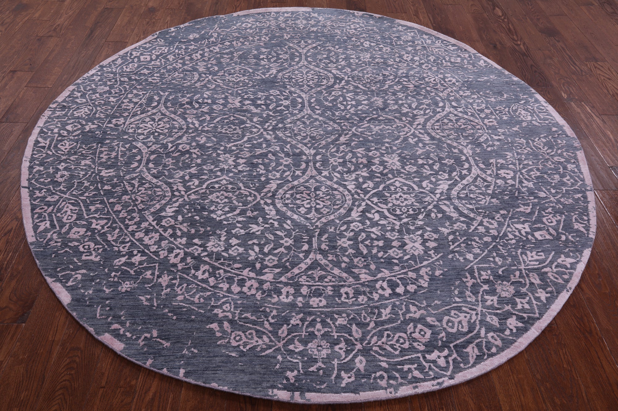Grey Round Persian Hand Knotted Wool & Silk Rug - 8' 0" X 8' 0" - Golden Nile