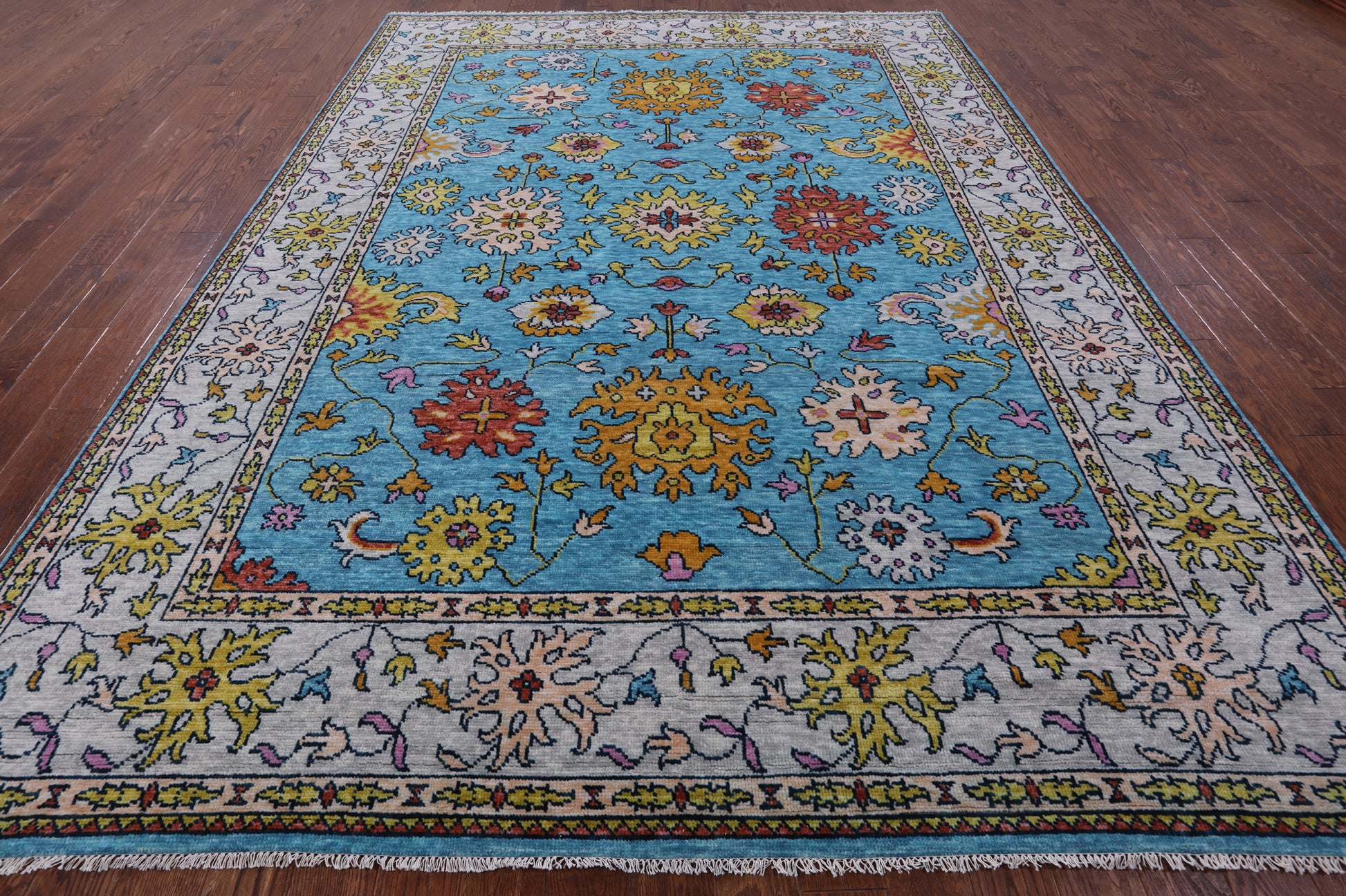 Blue Turkish Oushak Hand Knotted Wool Rug - 8' 10" X 12' 5" - Golden Nile