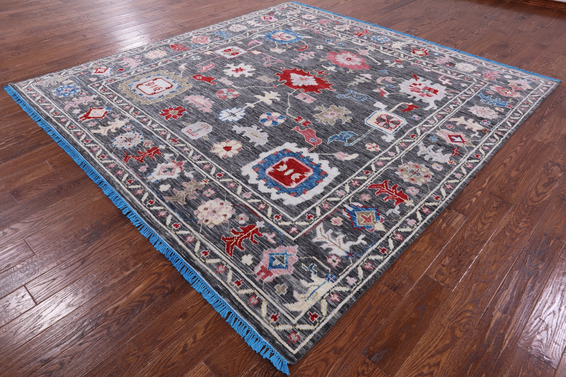 Grey Square Turkish Oushak Hand Knotted Wool Rug - 9' 4" X 9' 8" - Golden Nile