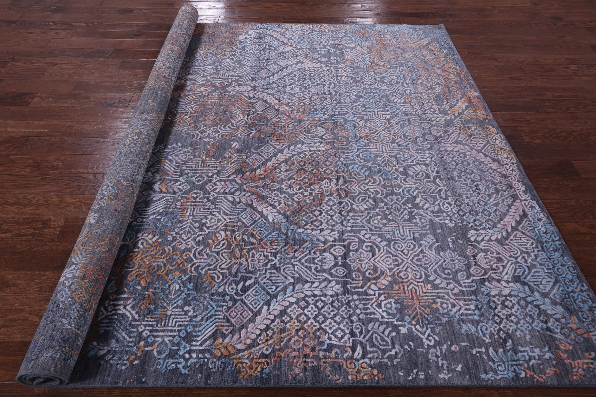 Grey Abstract Modern Hand Knotted Wool & Silk Rug - 8' 0" X 10' 2" - Golden Nile