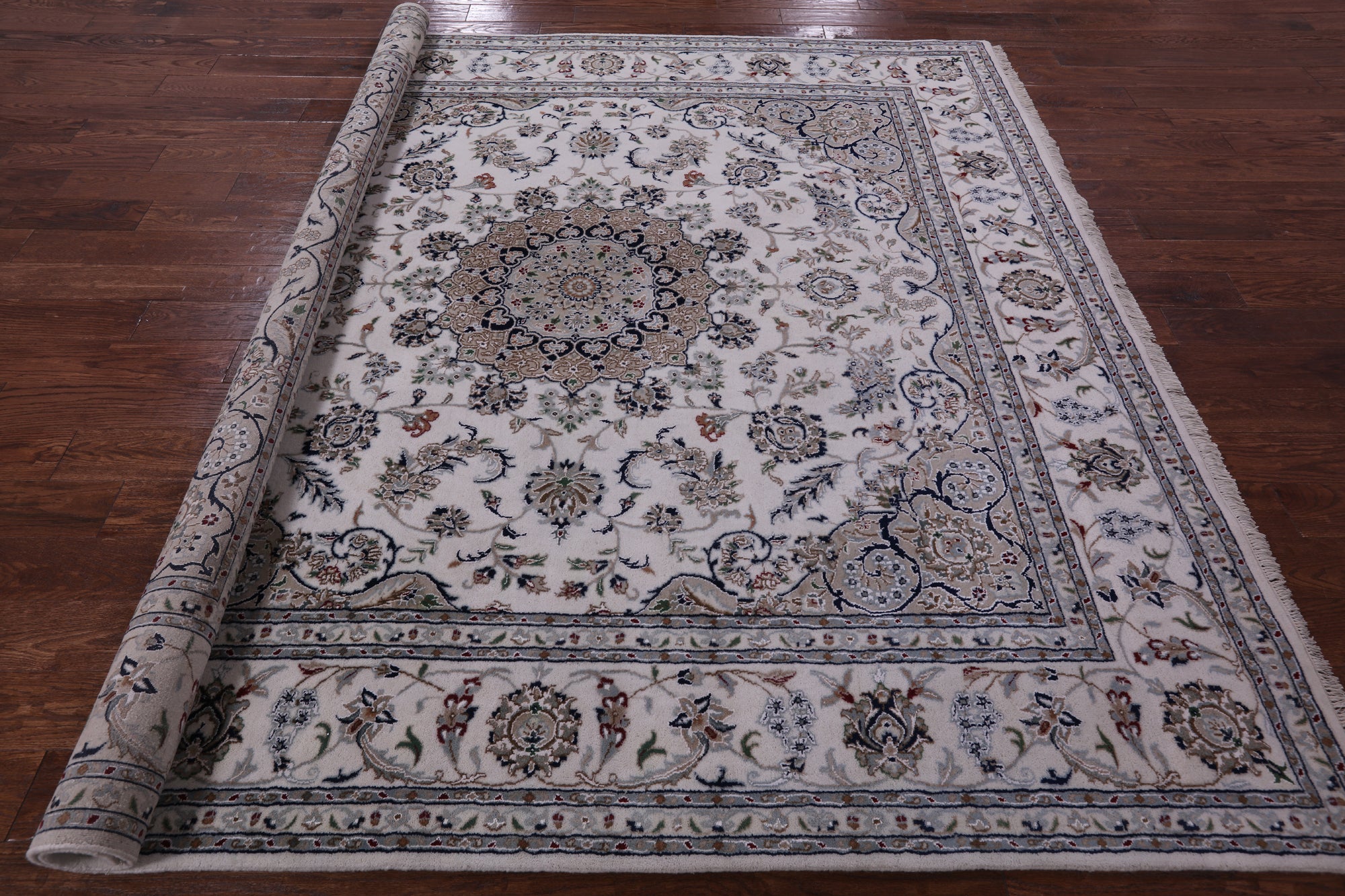 Ivory Square Persian Nain Hand Knotted Wool & Silk Rug - 8' 2" X 8' 3" - Golden Nile