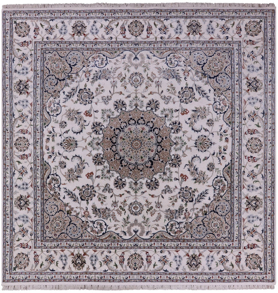 Ivory Square Persian Nain Hand Knotted Wool & Silk Rug - 8' 2" X 8' 3" - Golden Nile