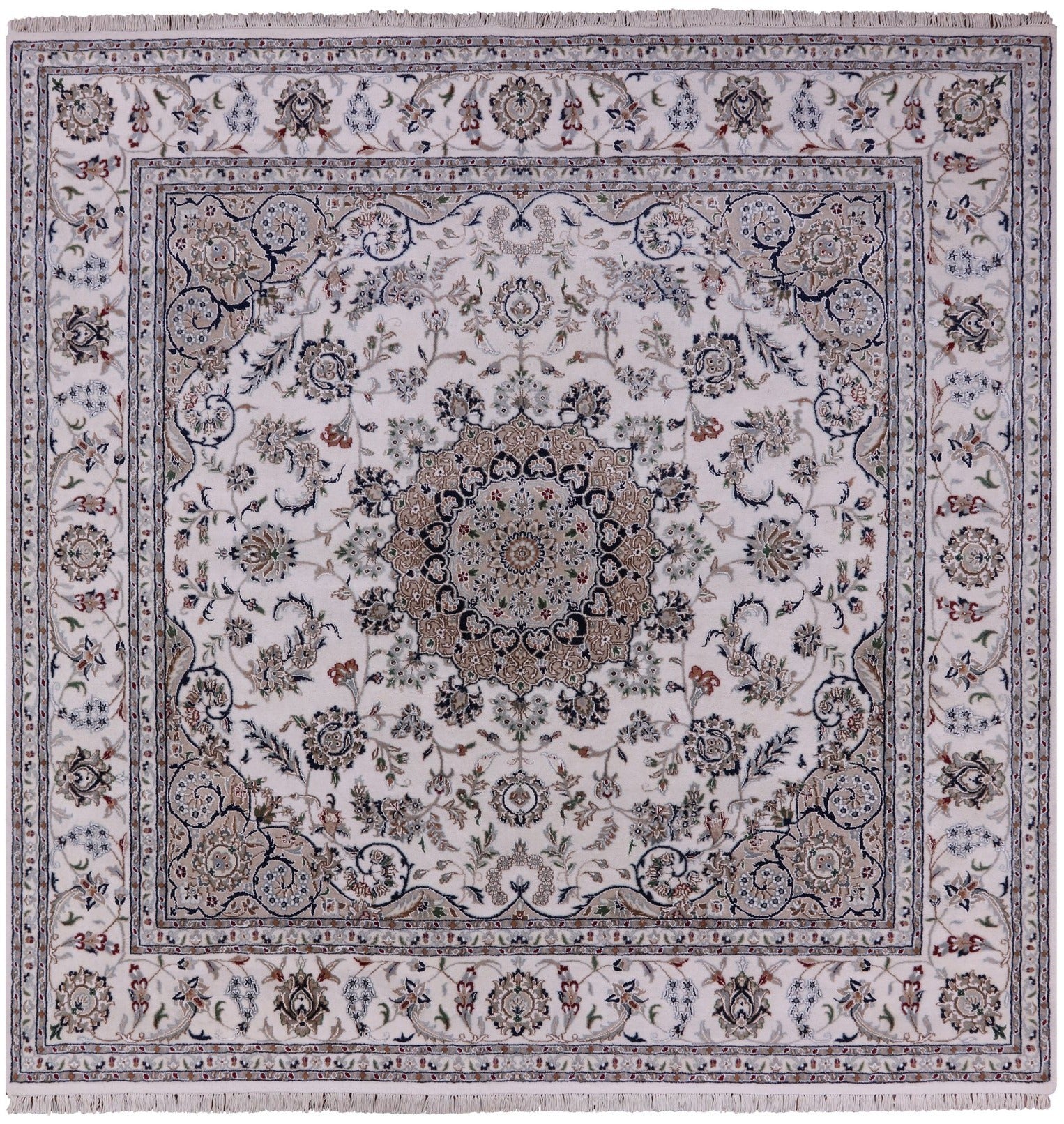 Ivory Square Persian Nain Hand Knotted Wool & Silk Rug - 8' 2" X 8' 3" - Golden Nile