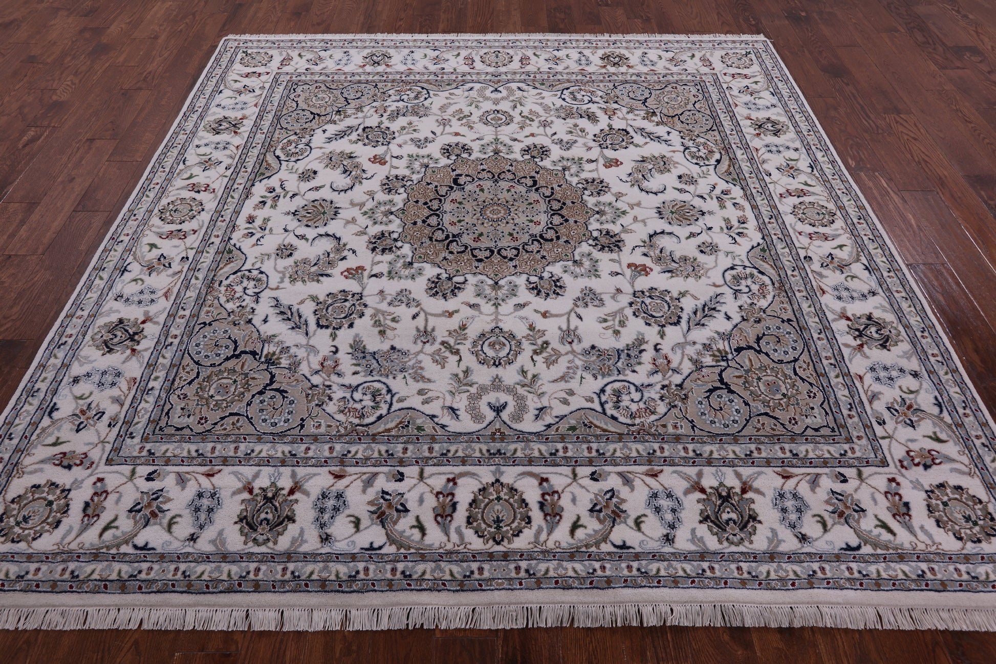 Ivory Square Persian Nain Hand Knotted Wool & Silk Rug - 8' 2" X 8' 3" - Golden Nile