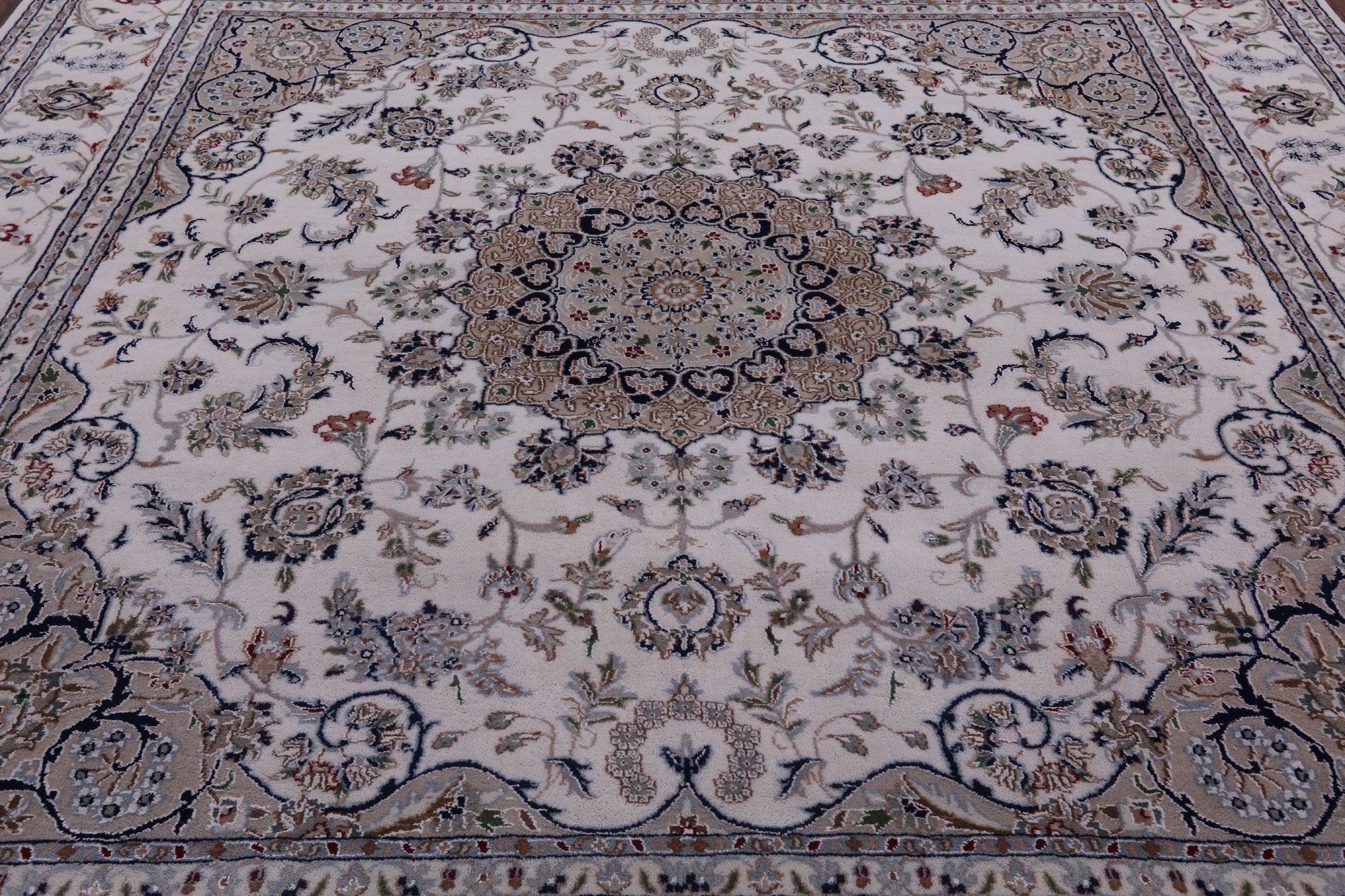 Ivory Square Persian Nain Hand Knotted Wool & Silk Rug - 8' 2" X 8' 3" - Golden Nile