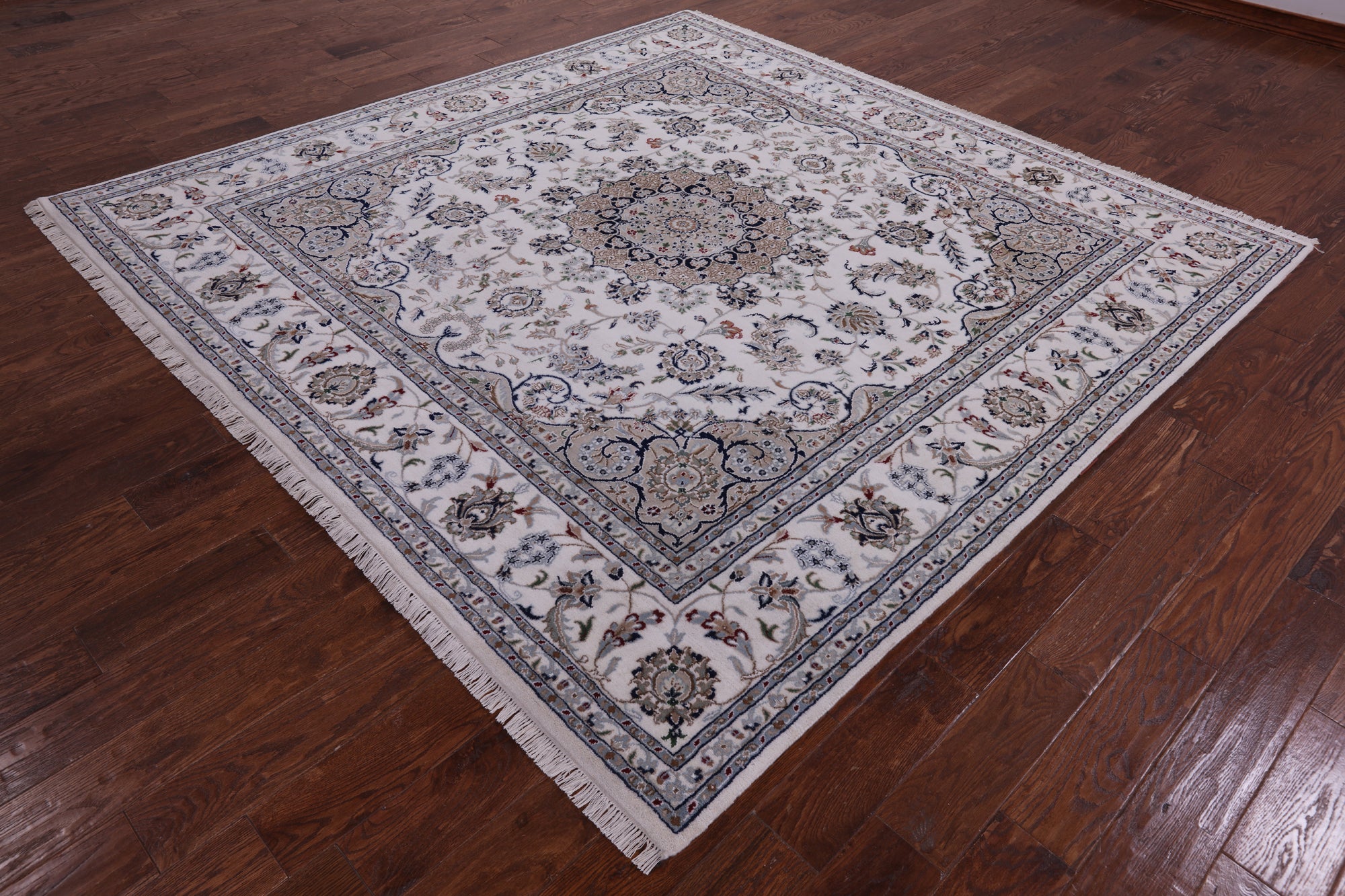 Ivory Square Persian Nain Hand Knotted Wool & Silk Rug - 8' 2" X 8' 3" - Golden Nile