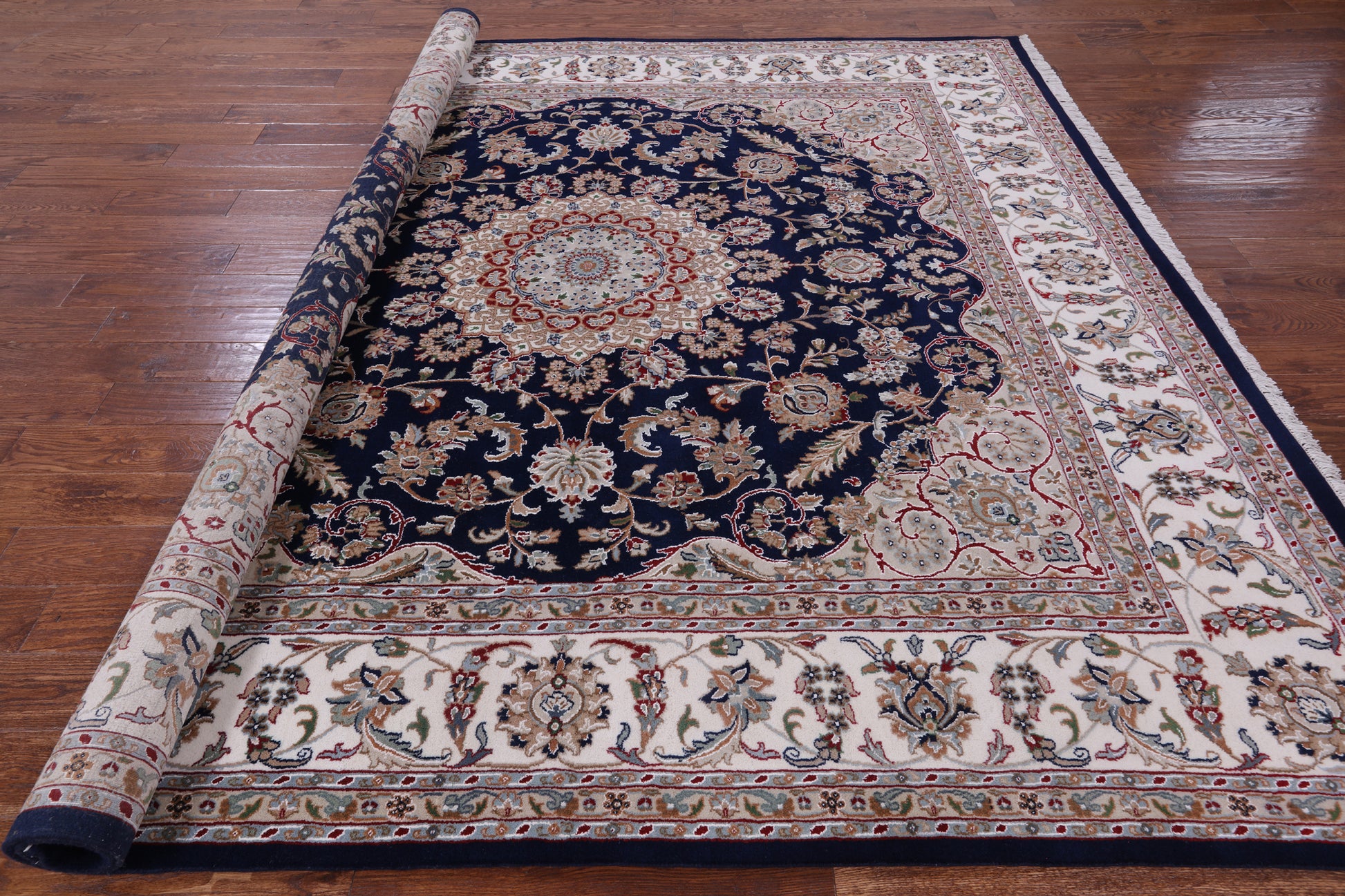 Blue Square Persian Nain Hand Knotted Wool & Silk Rug - 8' 11" X 9' 0" - Golden Nile