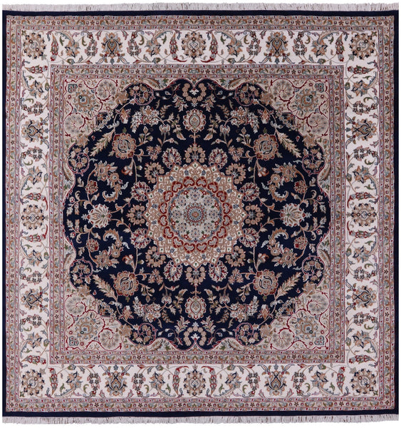 Blue Square Persian Nain Hand Knotted Wool & Silk Rug - 8' 11" X 9' 0" - Golden Nile