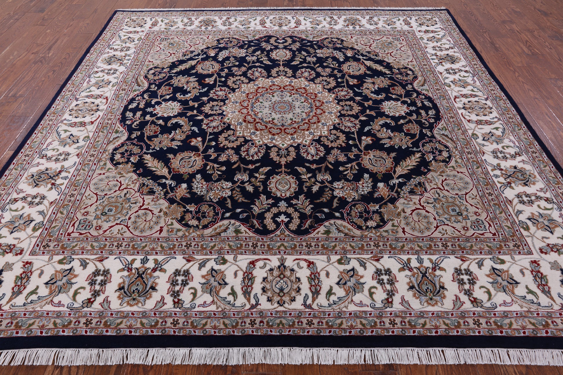 Blue Square Persian Nain Hand Knotted Wool & Silk Rug - 8' 11" X 9' 0" - Golden Nile