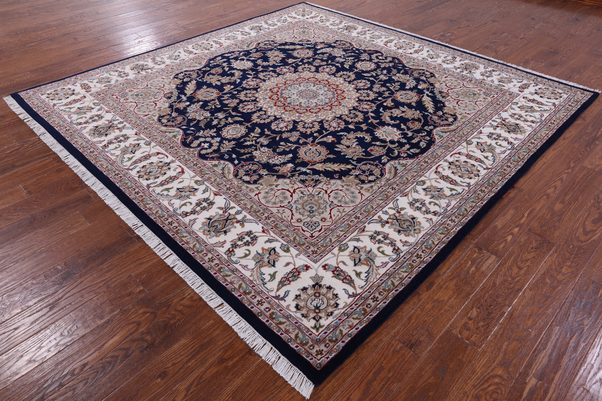 Blue Square Persian Nain Hand Knotted Wool & Silk Rug - 8' 11" X 9' 0" - Golden Nile