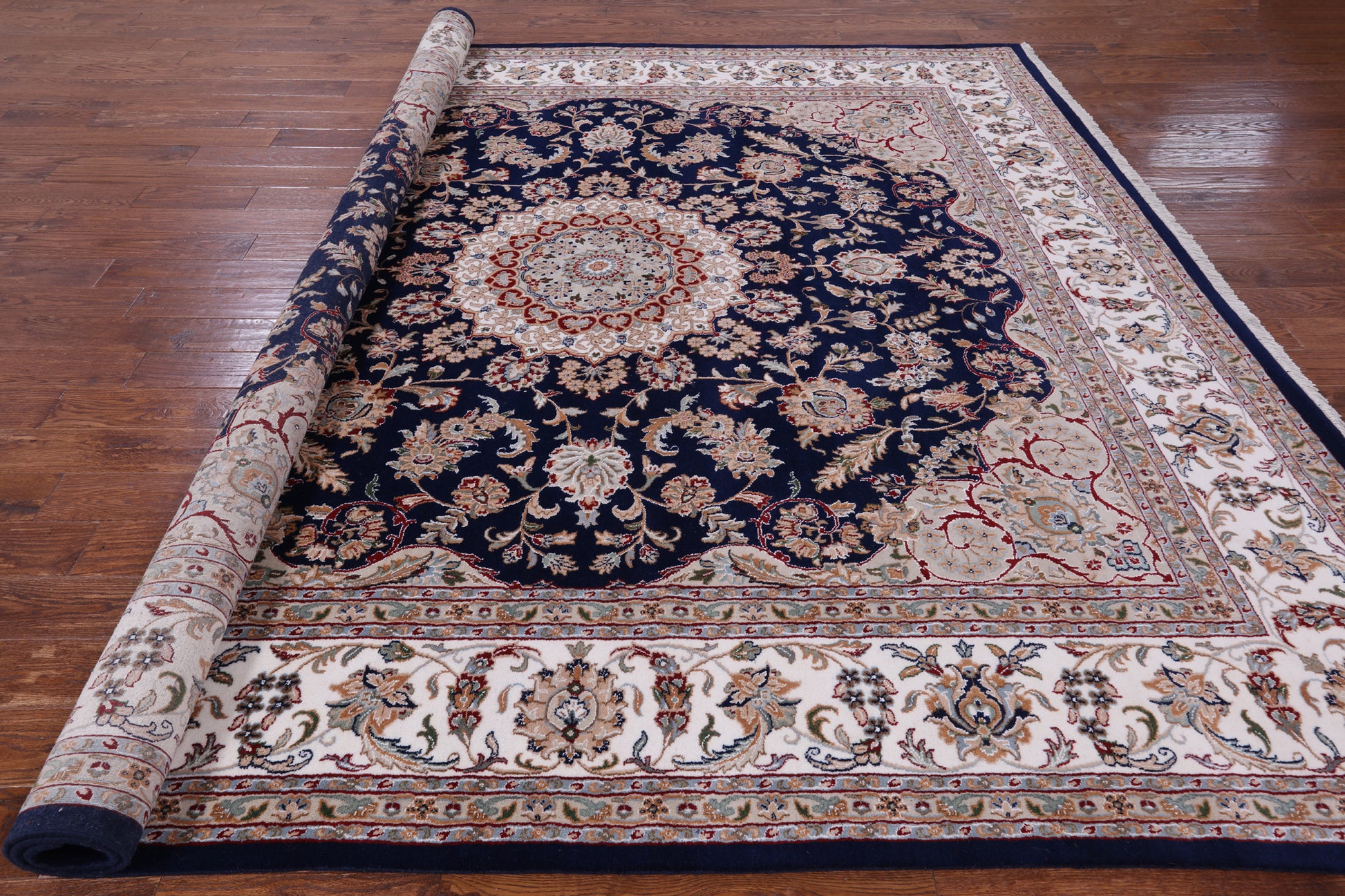 Blue Square Persian Nain Hand Knotted Wool & Silk Rug - 9' 11" X 10' 0" - Golden Nile