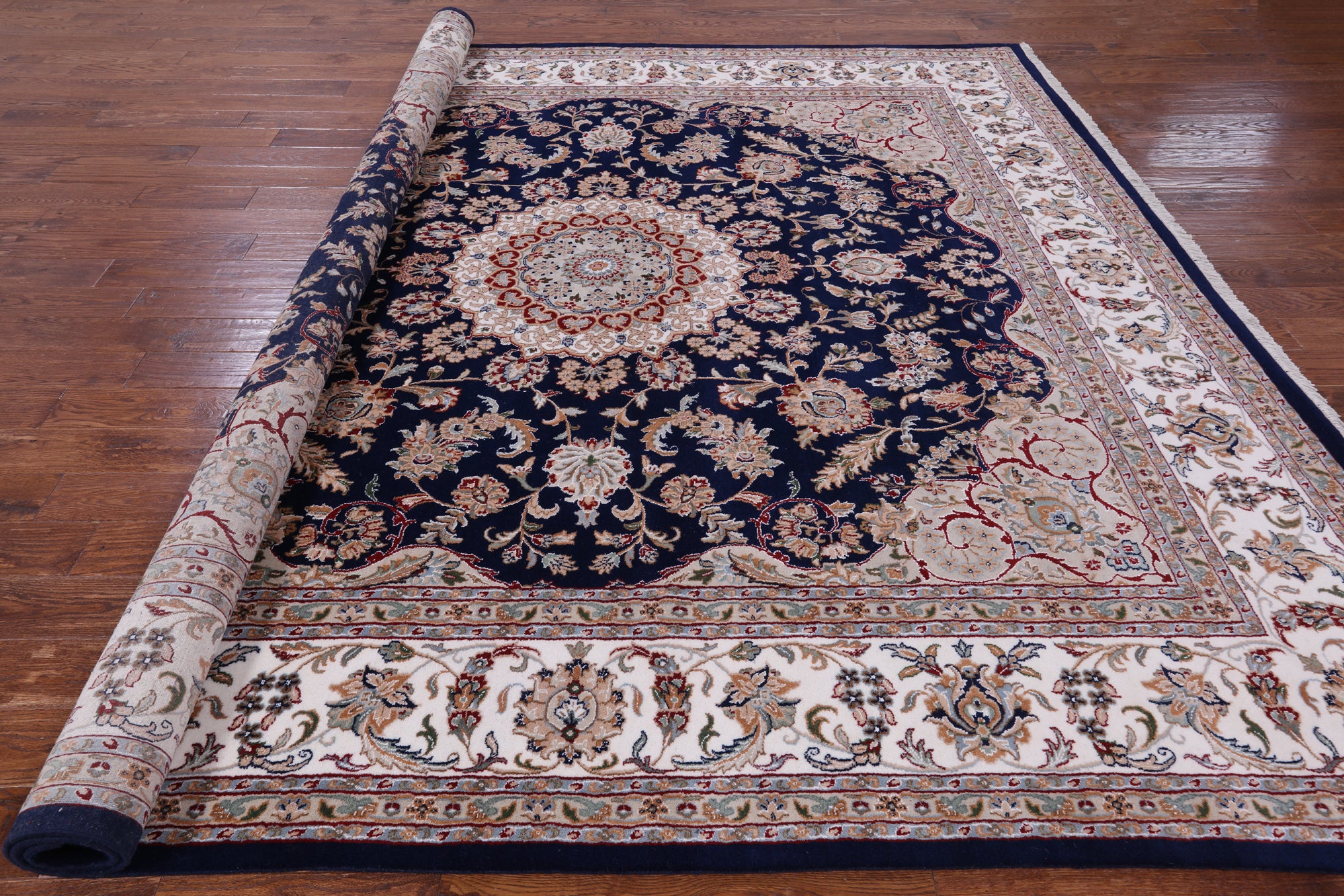 Blue Square Persian Nain Hand Knotted Wool & Silk Rug - 9' 11" X 10' 0" - Golden Nile