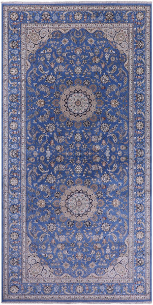 Blue Persian Nain Handmade Wool & Silk Rug - 9' 0" X 18' 2" - Golden Nile