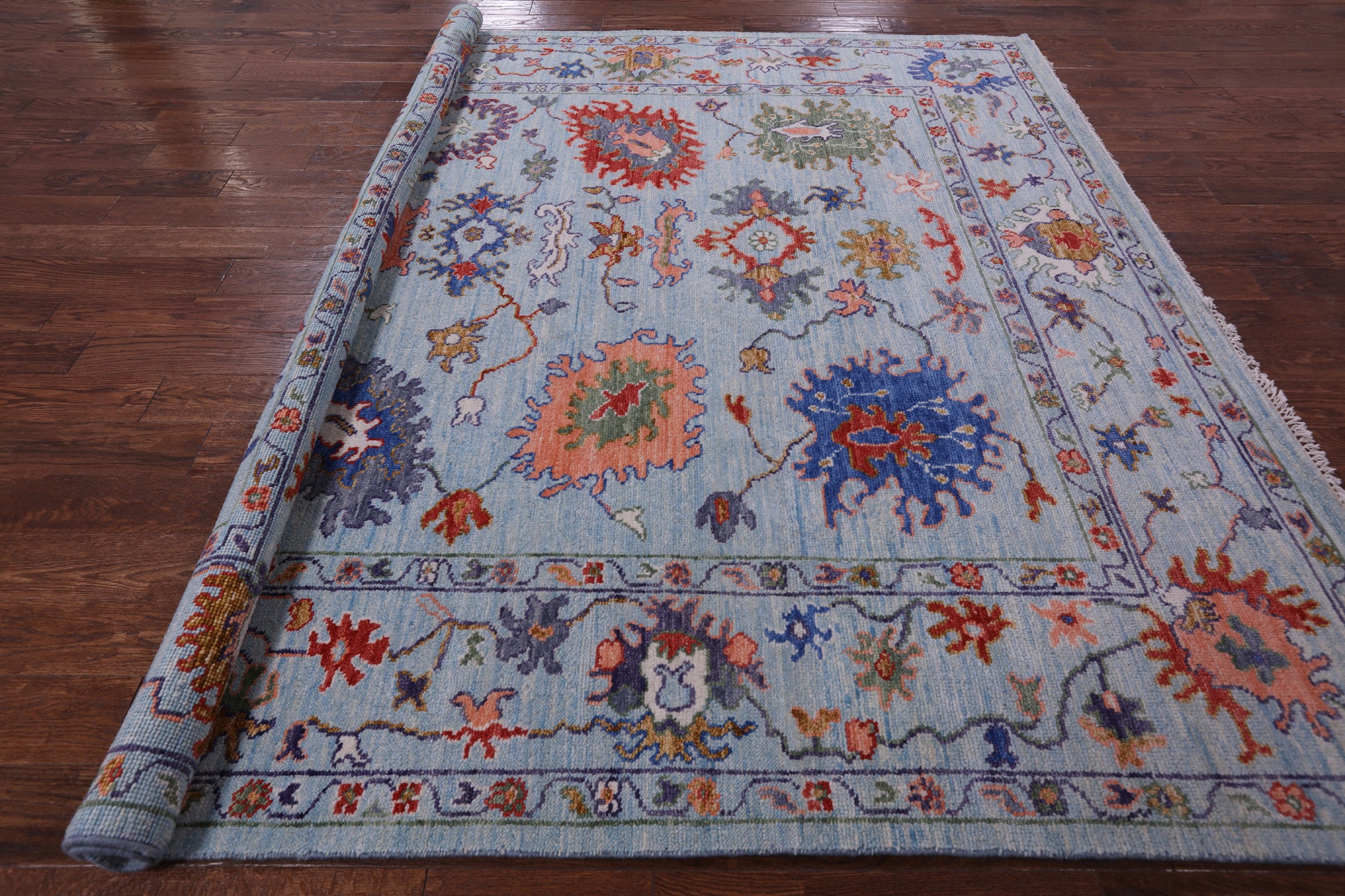 Blue Square Turkish Oushak Hand Knotted Wool Rug - 8' 3" X 8' 0" - Golden Nile