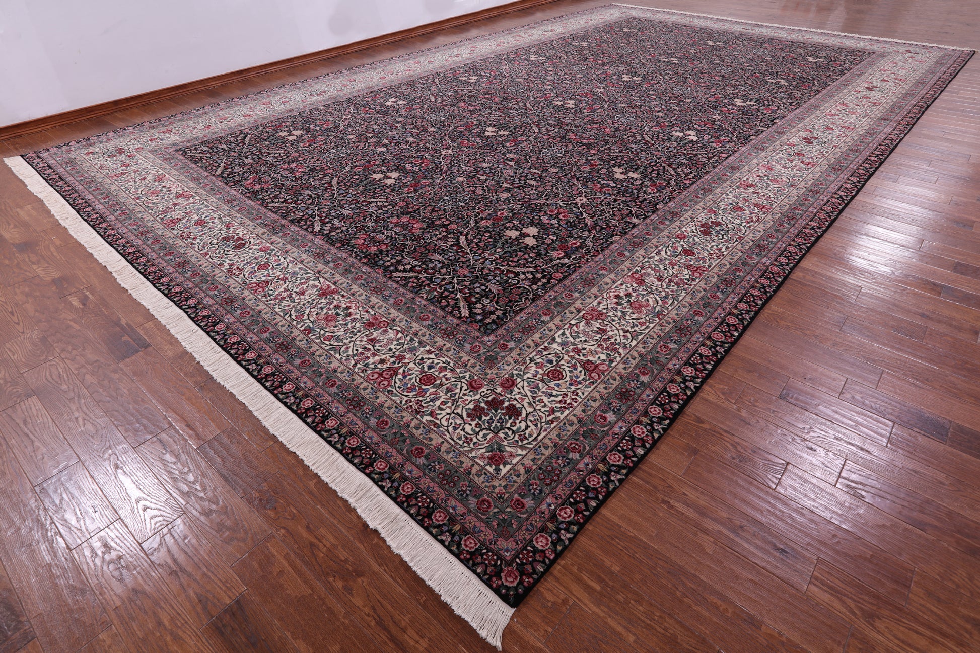 Black Persian Kerman Hand Knotted Wool Rug - 14' 0" X 23' 7" - Golden Nile