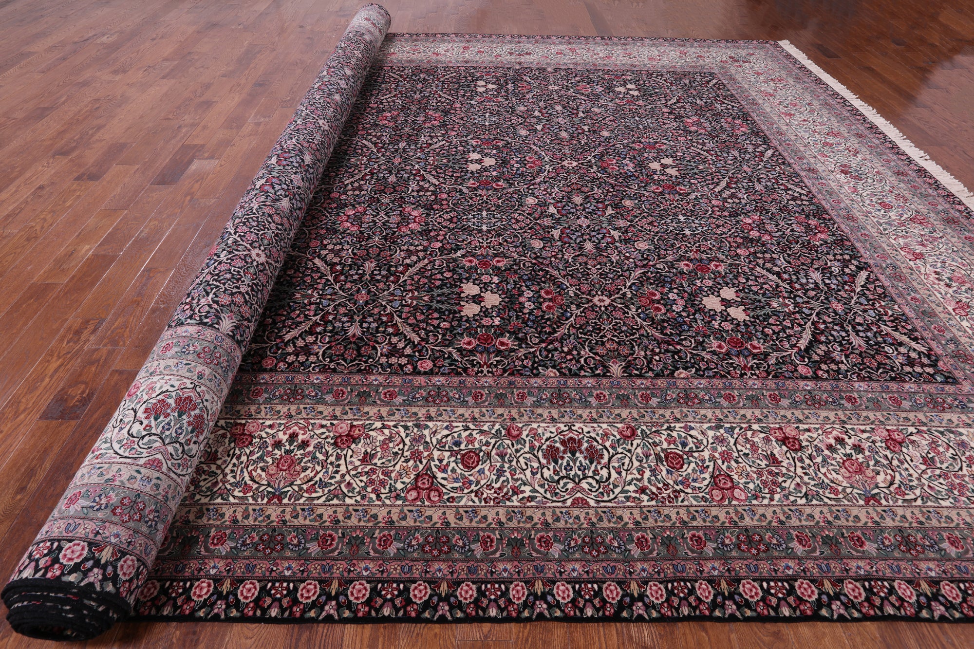 Black Persian Kerman Hand Knotted Wool Rug - 14' 0" X 23' 7" - Golden Nile