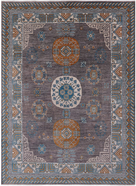 Grey Traditional Khotan Hand Knotted Wool Rug - 9' 1" X 12' 3" - Golden Nile
