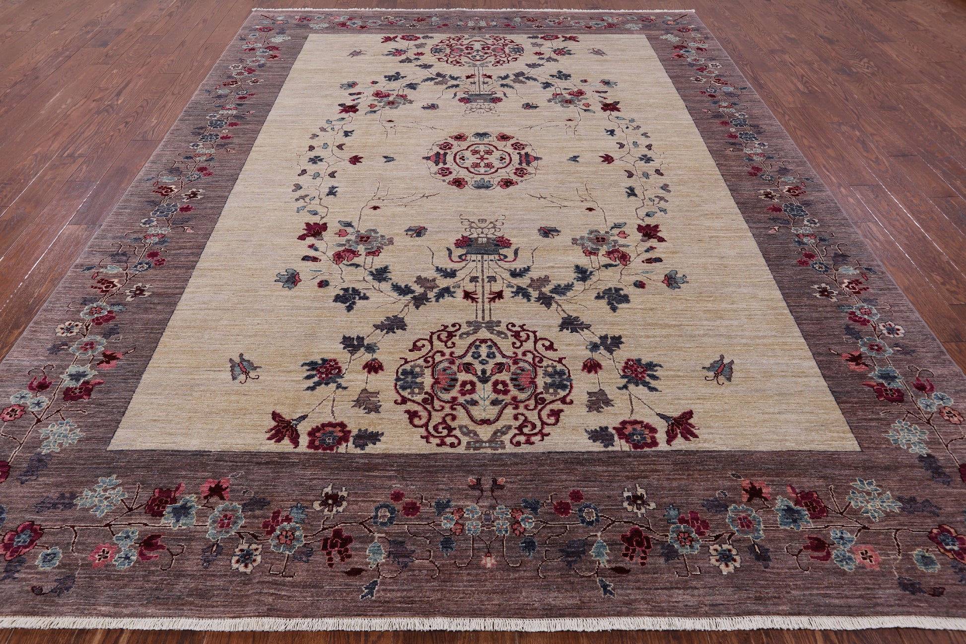 Ivory William Morris Handmade Wool Rug - 9' 0" X 11' 10" - Golden Nile