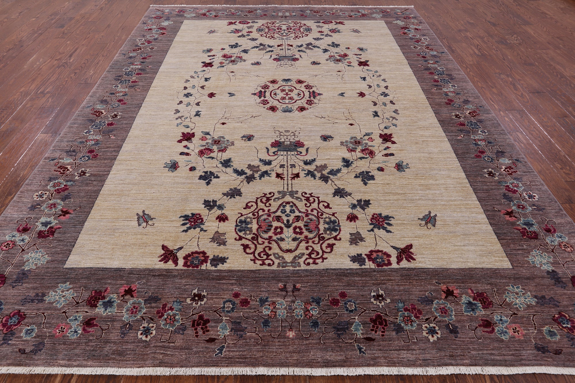 Ivory William Morris Handmade Wool Rug - 9' 0" X 11' 10" - Golden Nile