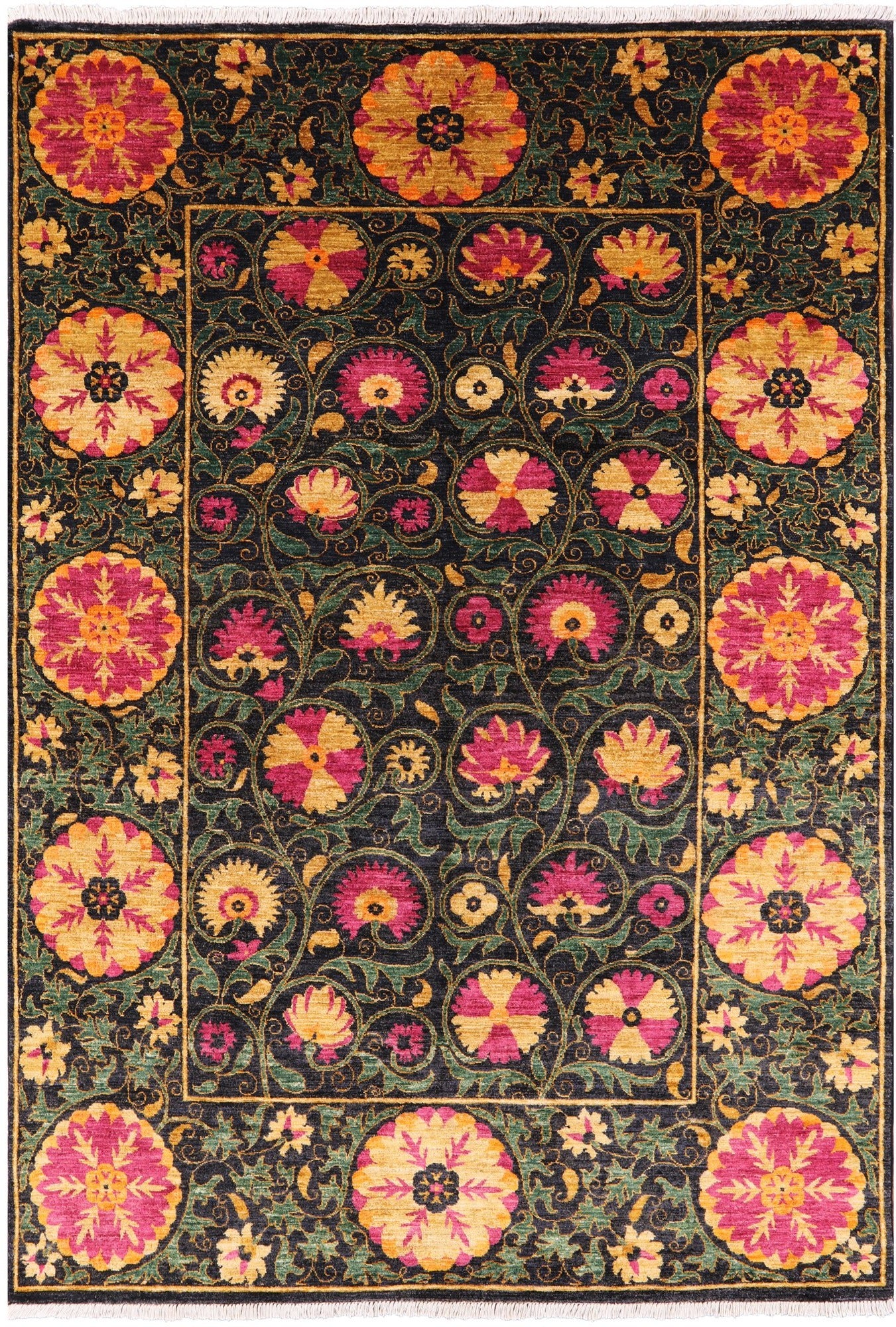 Black William Morris Handmade Wool Rug - 6' 2" X 8' 10" - Golden Nile