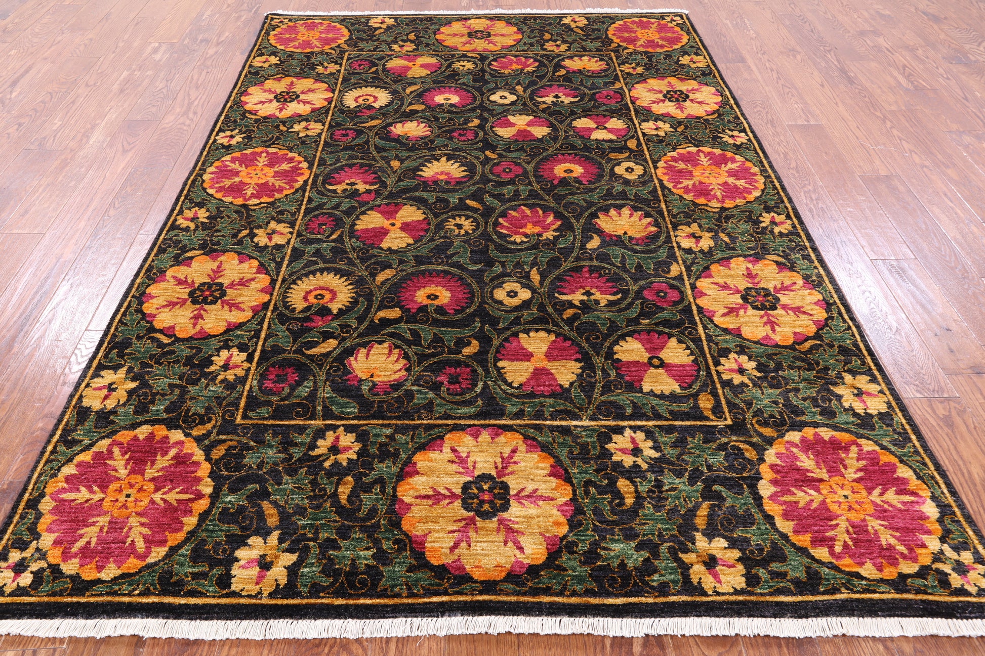 Black William Morris Handmade Wool Rug - 6' 2" X 8' 10" - Golden Nile