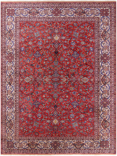 Red Antique Persian Isfahan Hand Knotted Wool Rug - 10' 9" X 14' 1" - Golden Nile