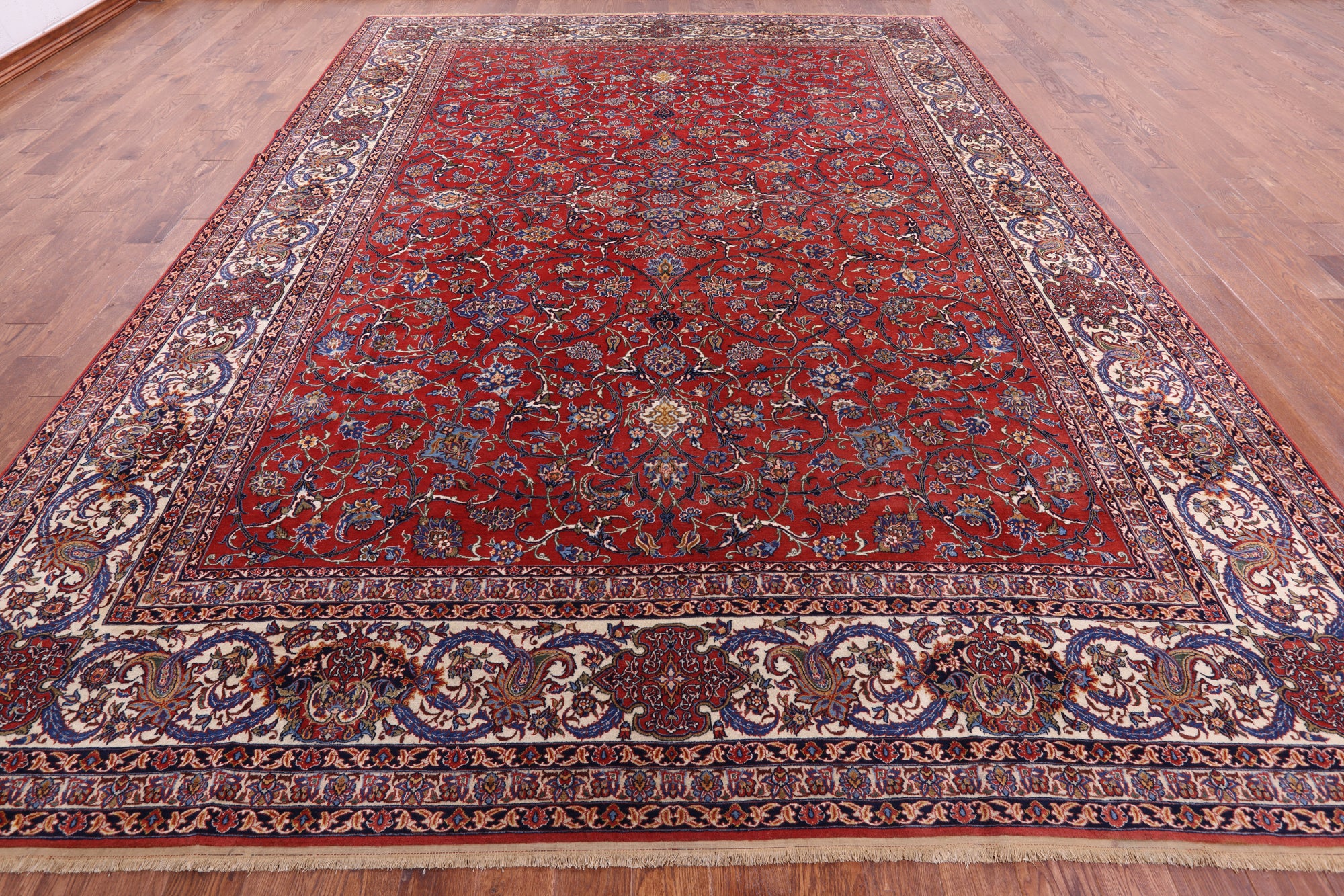 Red Antique Persian Isfahan Hand Knotted Wool Rug - 10' 9" X 14' 1" - Golden Nile