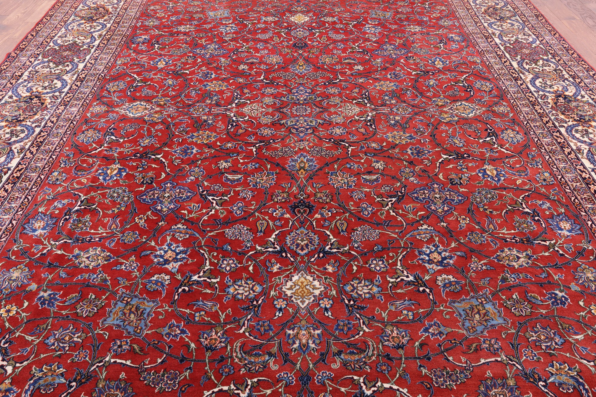 Red Antique Persian Isfahan Hand Knotted Wool Rug - 10' 9" X 14' 1" - Golden Nile