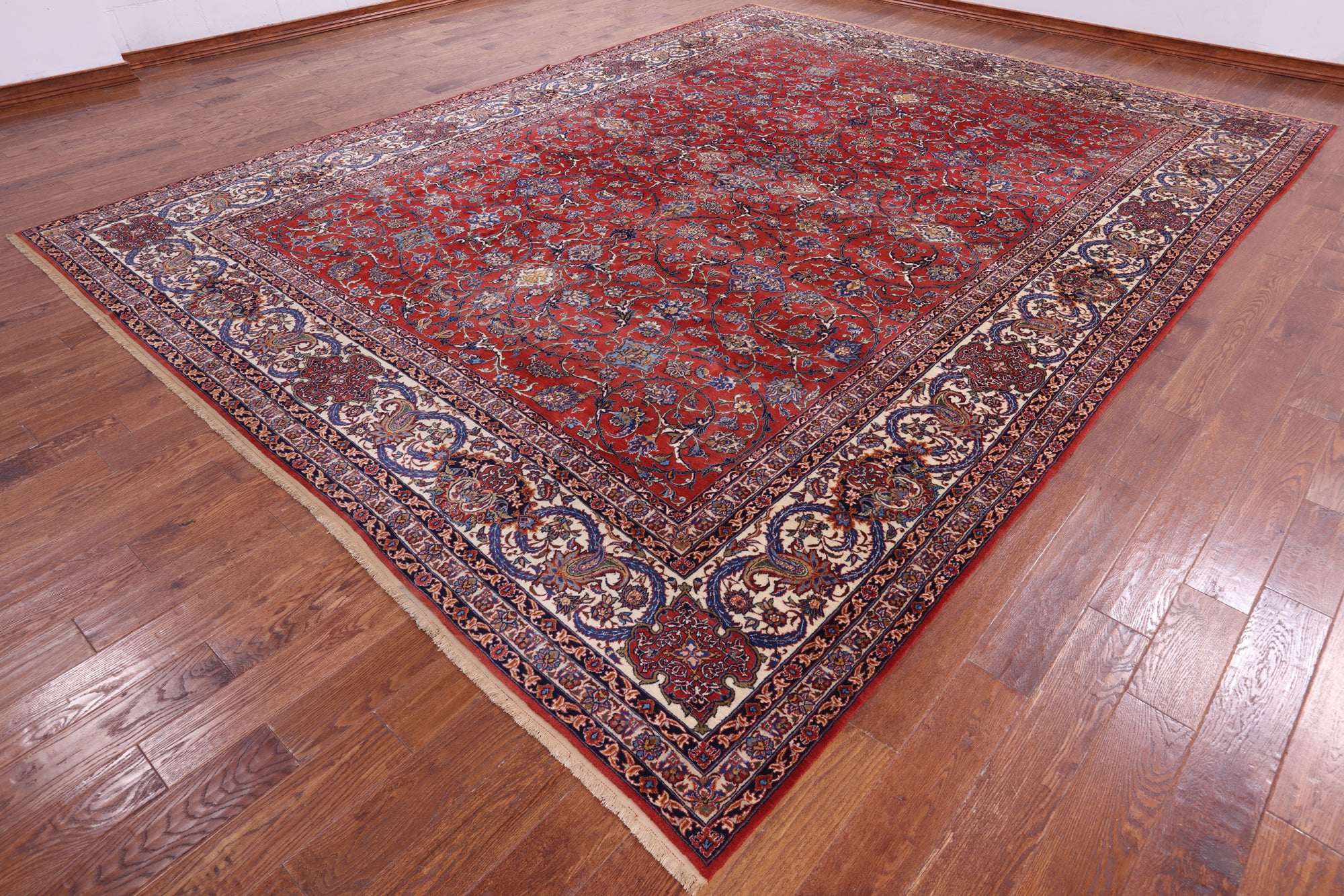 Red Antique Persian Isfahan Hand Knotted Wool Rug - 10' 9" X 14' 1" - Golden Nile