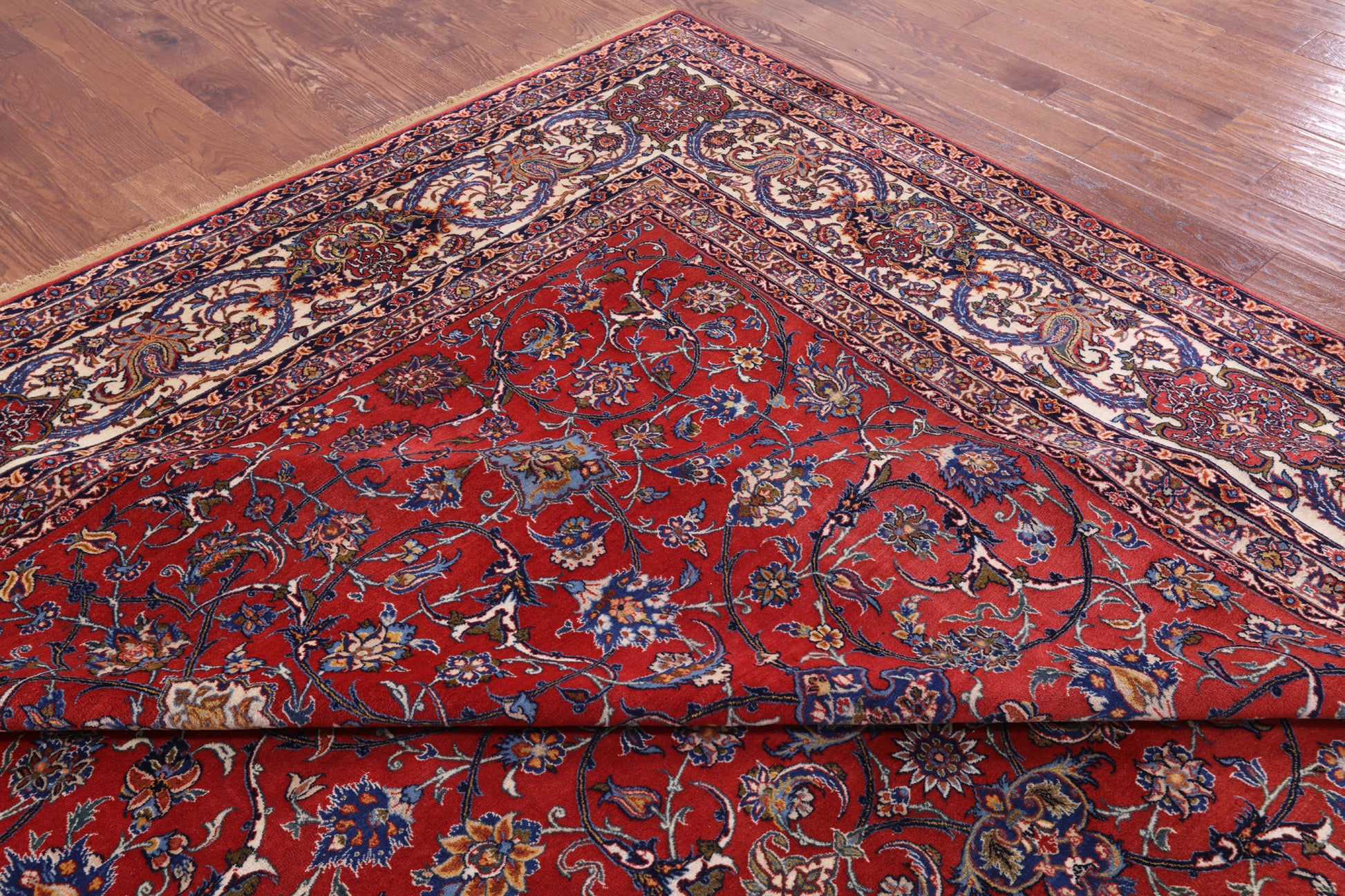 Red Antique Persian Isfahan Hand Knotted Wool Rug - 10' 9" X 14' 1" - Golden Nile