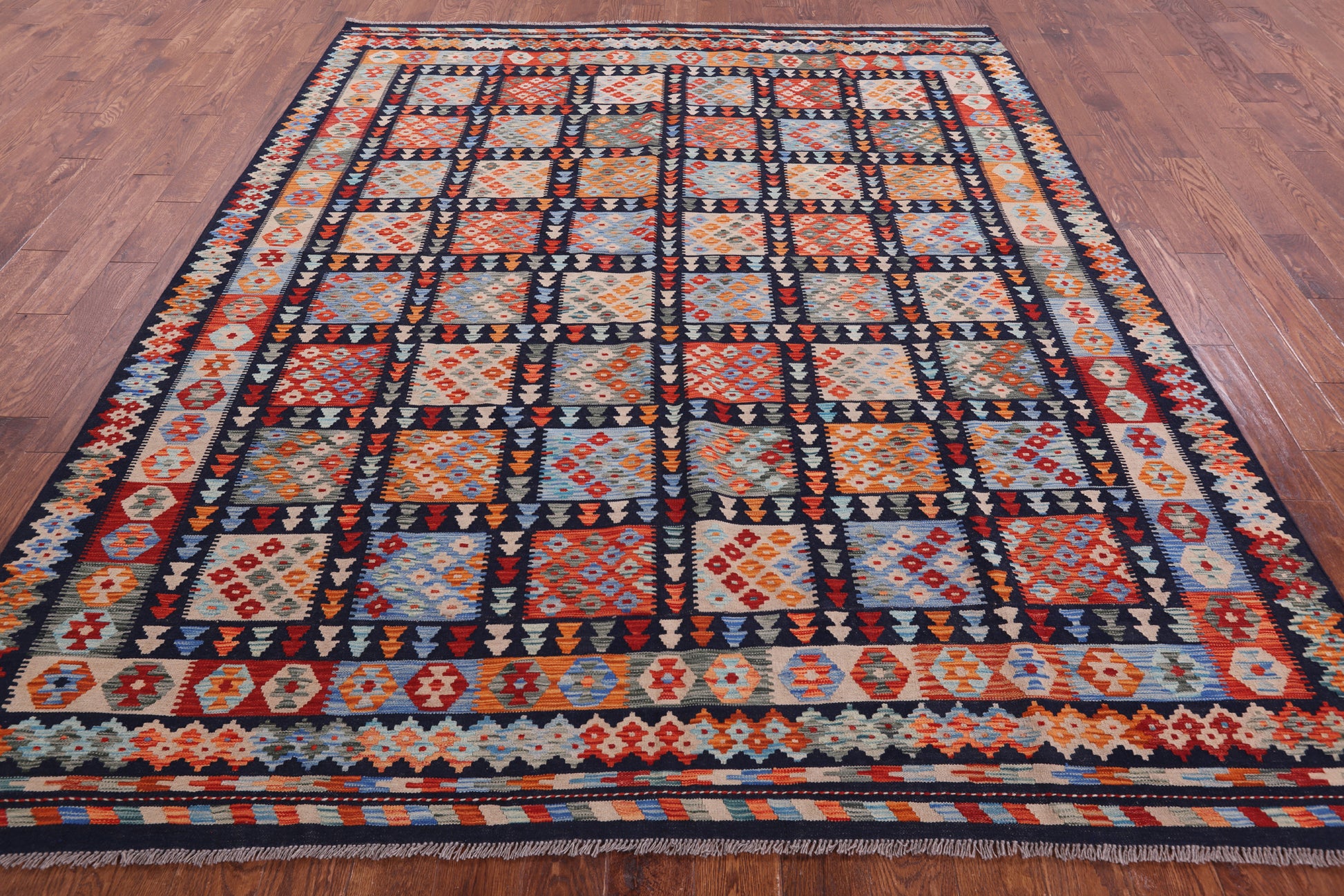 Reversible Kilim Flat Weave Wool On Wool Rug - 8' 2" X 9' 6" - Golden Nile