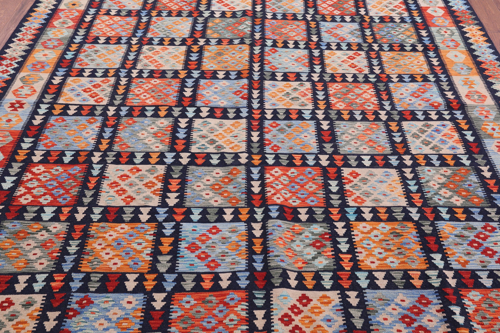 Reversible Kilim Flat Weave Wool On Wool Rug - 8' 2" X 9' 6" - Golden Nile