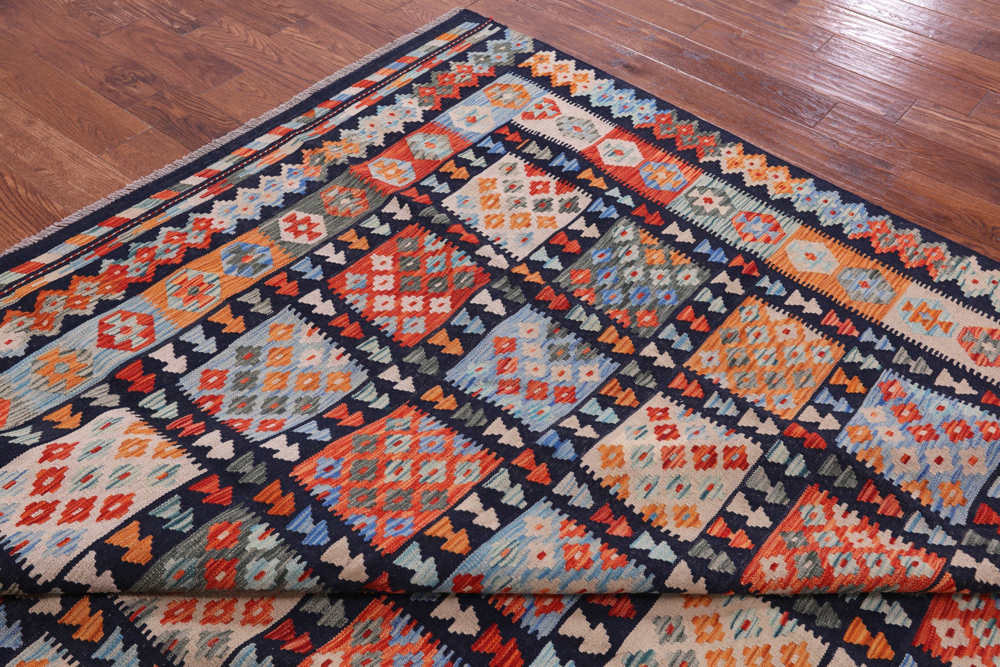 Reversible Kilim Flat Weave Wool On Wool Rug - 8' 2" X 9' 6" - Golden Nile