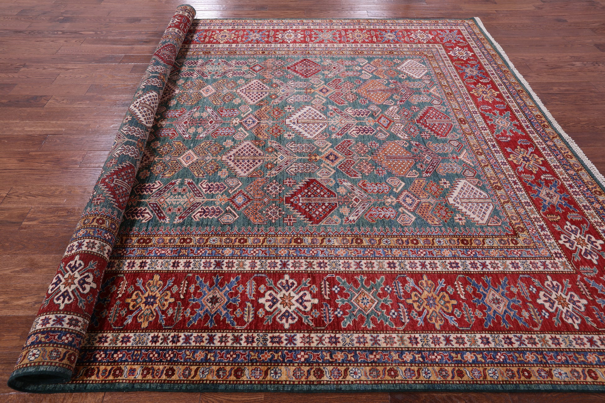 Green Super Kazak Hand Knotted Wool Rug - 9' 1" X 12' 6" - Golden Nile