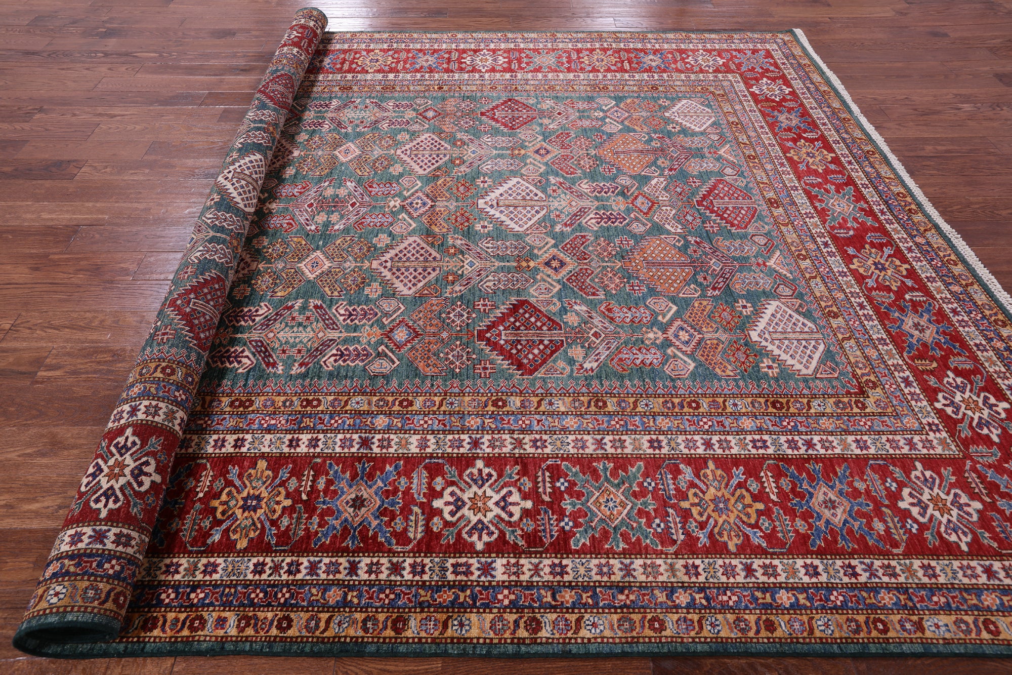 Green Super Kazak Hand Knotted Wool Rug - 9' 1" X 12' 6" - Golden Nile