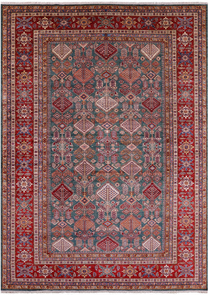 Green Super Kazak Hand Knotted Wool Rug - 9' 1" X 12' 6" - Golden Nile
