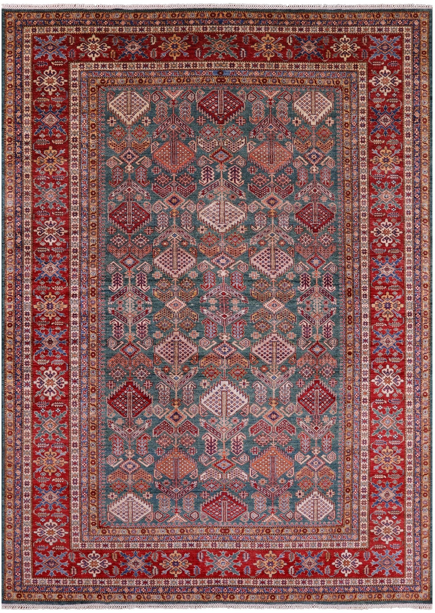 Green Super Kazak Hand Knotted Wool Rug - 9' 1" X 12' 6" - Golden Nile