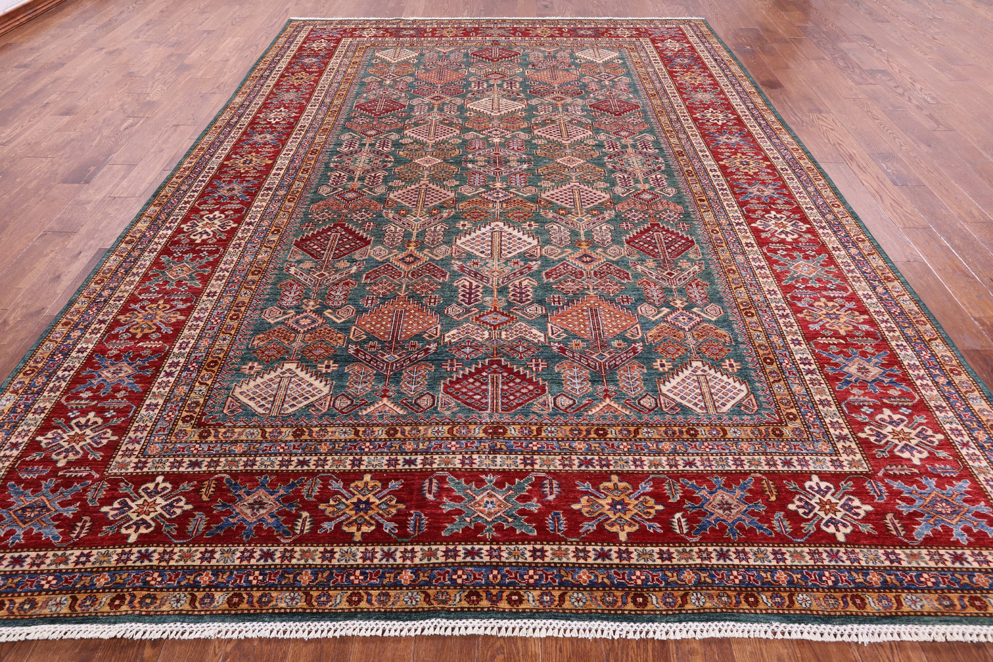 Green Super Kazak Hand Knotted Wool Rug - 9' 1" X 12' 6" - Golden Nile