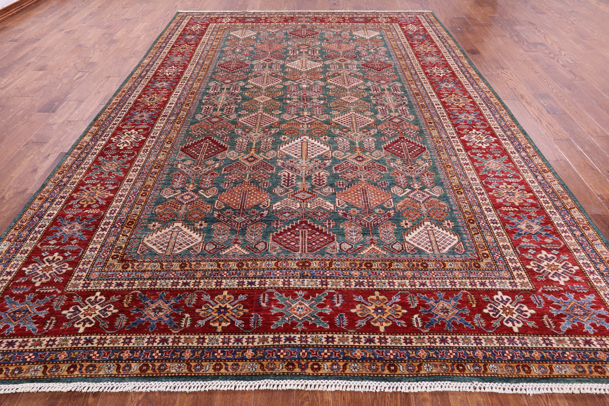 Green Super Kazak Hand Knotted Wool Rug - 9' 1" X 12' 6" - Golden Nile