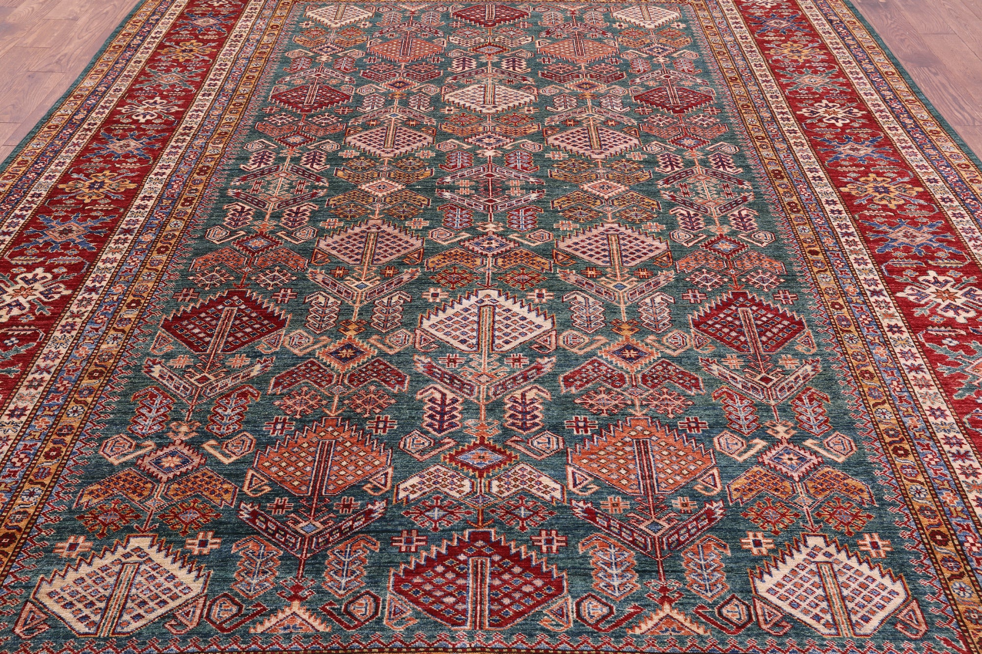 Green Super Kazak Hand Knotted Wool Rug - 9' 1" X 12' 6" - Golden Nile