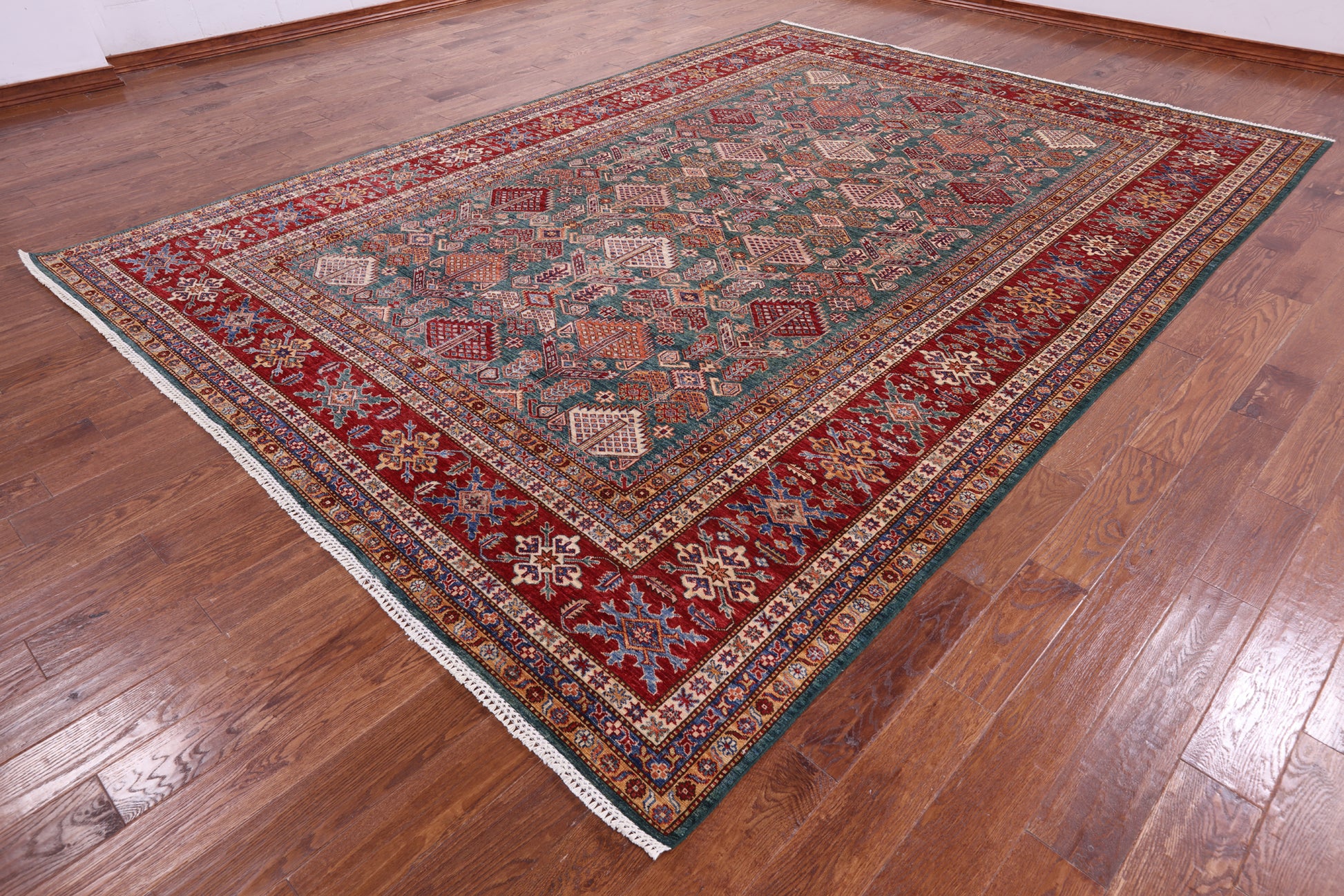 Green Super Kazak Hand Knotted Wool Rug - 9' 1" X 12' 6" - Golden Nile