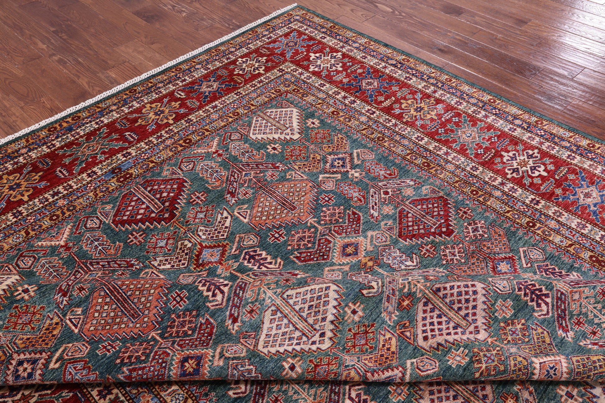 Green Super Kazak Hand Knotted Wool Rug - 9' 1" X 12' 6" - Golden Nile